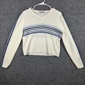 VTG 90s Cropped Sweater Womens Large Knit Avenue Striped V Neck Made in USA Y2K